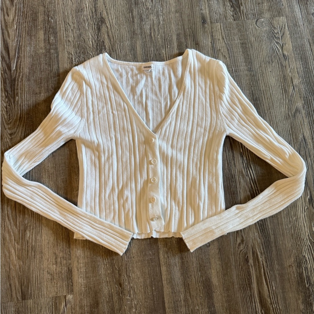 Garage Clothing Cream Ribbed Fitted Cardigan Top XS - Picture 2 of 3